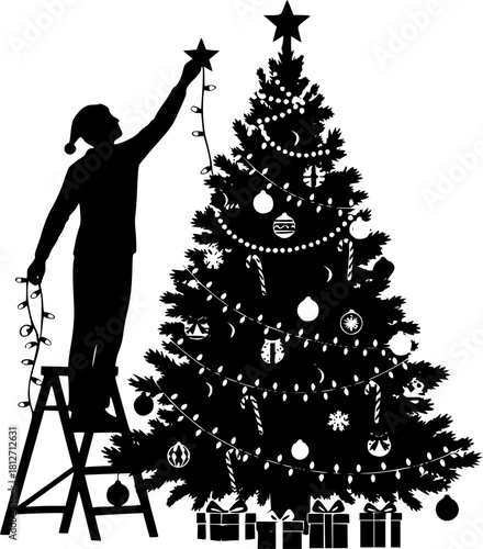 Vector art of silhouette of a person decorating a christmas tree with lights and ornaments isolated on white background
