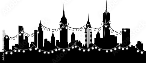 New york city skyline silhouette decorated with christmas lights garland
