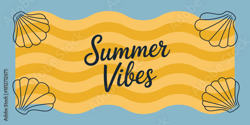 Summer vibes text with yellow wavy background and four seashells on a light blue background design