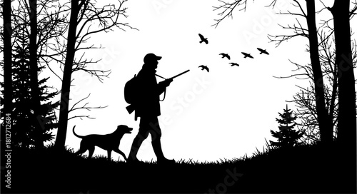 Silhouette of a hunter with a dog walking through a forest with birds flying overhead in black and white
