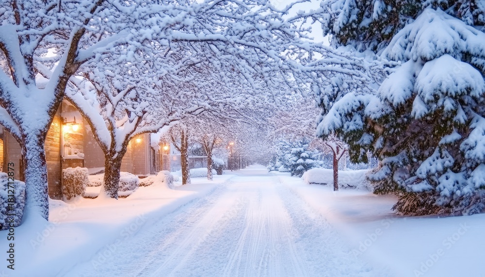 Naklejka premium A Serene Winter Wonderland Snow-Covered Alleyway Framed by Majestic Trees and Gentle Sunlight