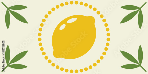 A simple illustration of a yellow lemon surrounded by dots and green leaves on a cream background