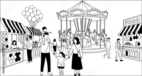 A family enjoying a day at a festive carnival, featuring a carousel and market stalls.
