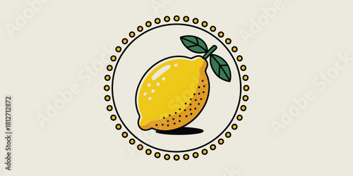 A stylized illustration of a lemon with leaves inside a dotted circle on a light background