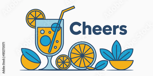 A stylized illustration of a glass of orange juice with the word cheers next to it and fruit around it