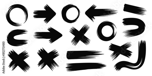 A collection of black brush stroke shapes including circles arrows x marks and curved lines on white
