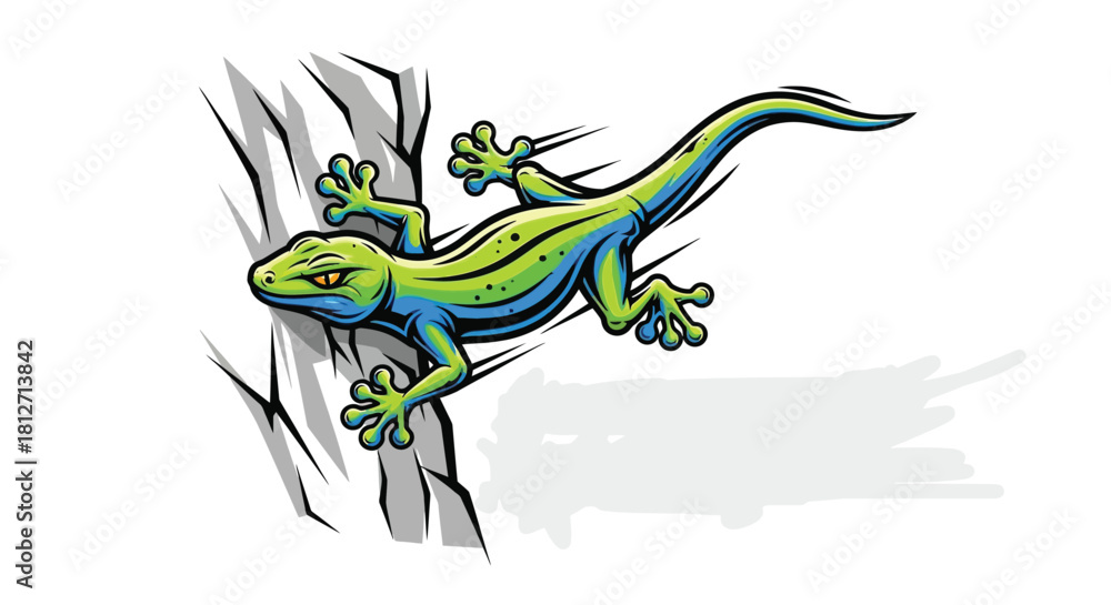 Fototapeta premium Energetic gecko illustration featuring a green and blue reptile climbing a wall. This dynamic lizard design is perfect as a mascot or symbol