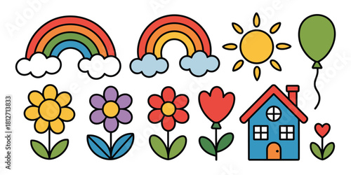 A cartoon illustration featuring rainbows, flowers, a sun, a house, and a balloon on a white background