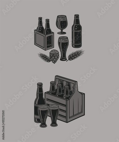Vintage Beer Bottles and Glasses Vector Set