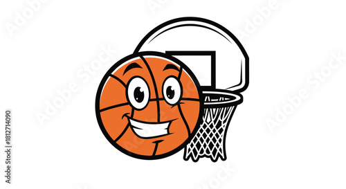 Smiling Basketball Cartoon Character with Basketball Hoop for Sports and Games