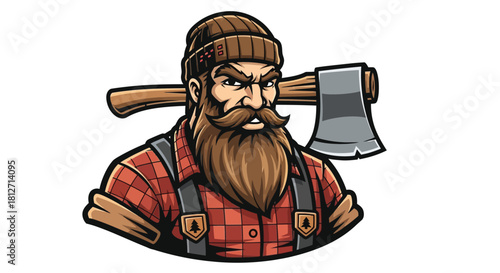 Lumberjack Mascot A Bold Illustration of a Bearded Woodsman with an Axe, Ready for Action