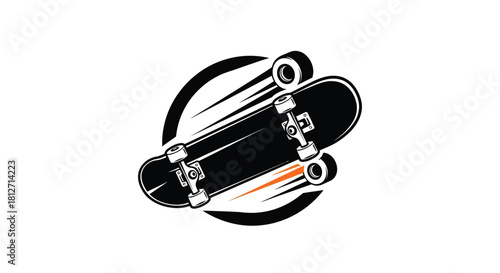 Dynamic Skateboard Icon Black and Orange Design with Speed Lines - Sport and Activity Symbol