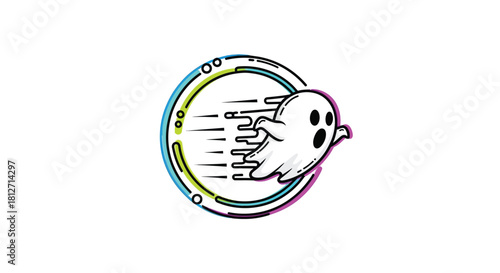 Ghost Icon with Speed Lines and Circle Frame - Symbol of Spookiness, Motion, and Digital Presence
