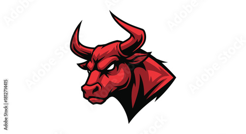 Aggressive red bull head mascot with sharp horns, a powerful symbol of strength and determination for a sports team logo