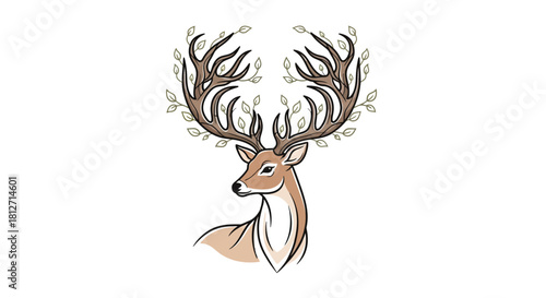 Elegant Deer with Antlers Crowned in Green Leaves Illustration
