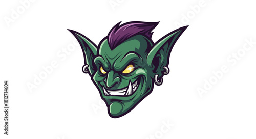 Vibrant fantasy creature illustration featuring a green face, sharp pointy ears, a spiky purple mohawk, and a menacing toothy grin, conveying a mischievous and powerful character design