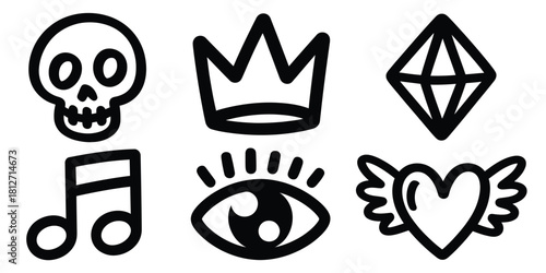 A collection of six bold black and white icons featuring a skull, crown, diamond, note, eye, and heart
