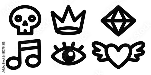A set of stylized black and white icons including a skull, crown, diamond, music note, eye, and heart