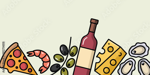A cartoon illustration of pizza, shrimp, olives, wine, cheese, and oysters on a light background