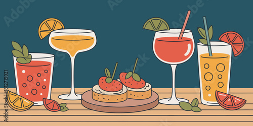 Illustration of various cocktails and appetizers on a wooden table against a dark blue background
