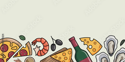 Illustration of pizza slices shrimp olives cheese oyster and a wine bottle on a light background