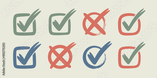 A collection of check marks and x marks in various colors and styles on a light background surface