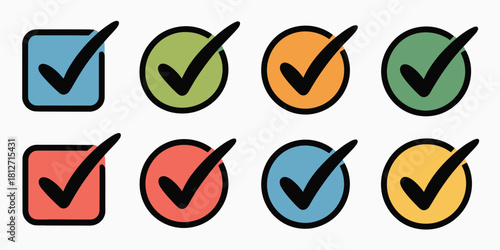 A collection of eight colorful check marks in squares and circles on a white background design element