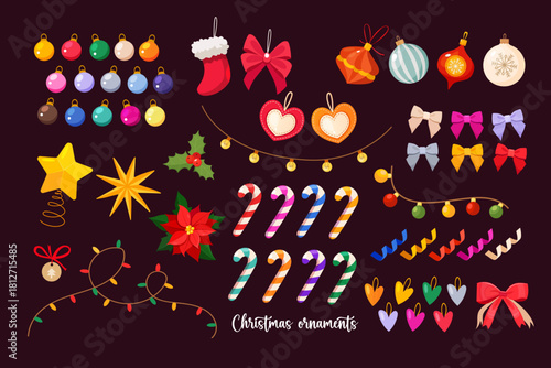 Vector cartoon illustration of Christmas ornaments with colorful bows, ribbons, candy canes, garlands, poinsettia flowers and festive decorative elements isolated on a rich burgundy background 