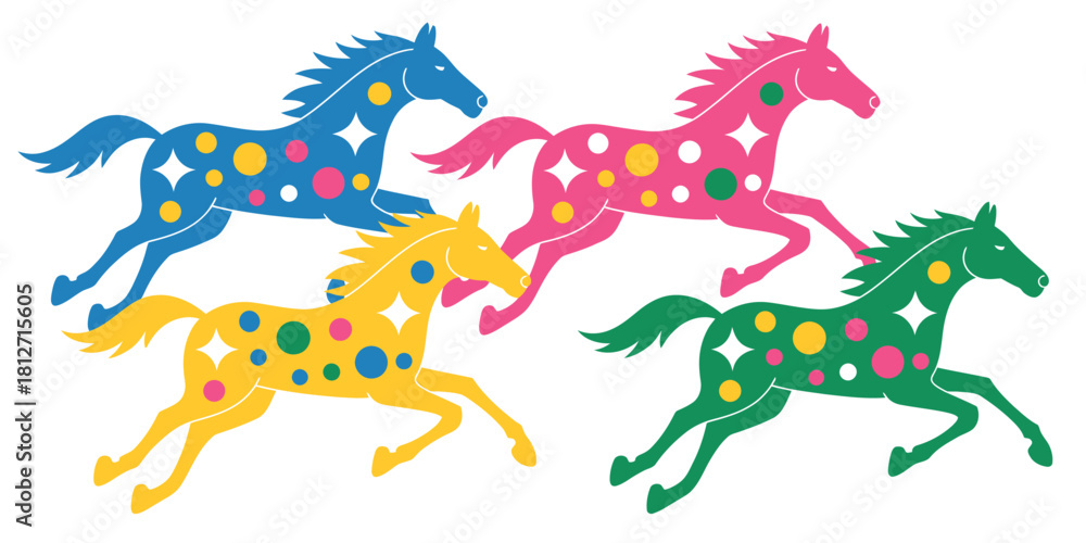Obraz premium Four colorful cartoon horses running with polka dots and stars on a white background illustration