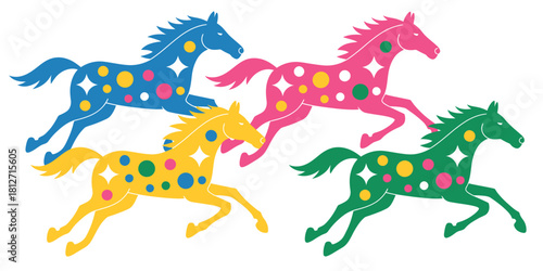 Four colorful cartoon horses running with polka dots and stars on a white background illustration