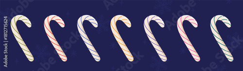 Vector illustration of colorful Christmas candy cane lollipops in different colors isolated on a dark blue background with snowflakes and sparkling elements, festive holiday sweets and winter design