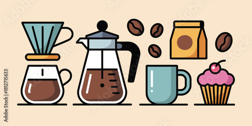 A vector illustration of coffee brewing equipment, coffee beans, a bag, a mug, and a cupcake on a beige backgroun