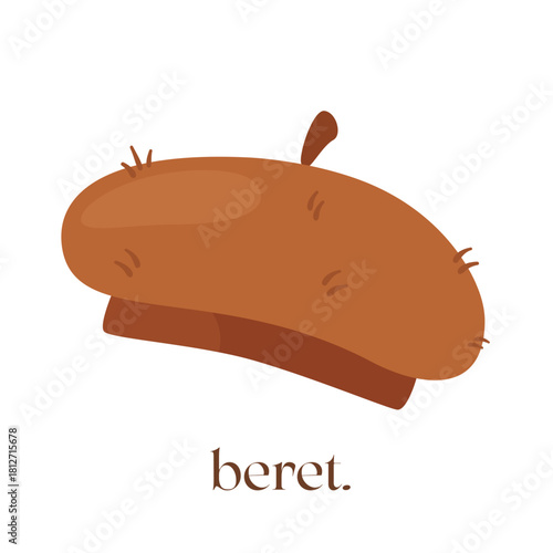 Flat cartoon illustration of a warm brown beret with handwritten lettering, isolated on a white background. Minimalist fashion accessory design.

