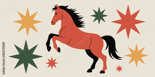 Illustration of a rearing horse with black mane and tail surrounded by colorful star shapes on beige background