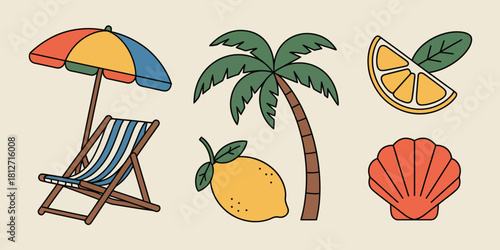 A beach scene with a beach chair, umbrella, palm tree, lemon, lemon slice, and a seashell on a beige background