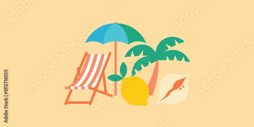 A beach scene with a chair, umbrella, palm tree, lemon, and seashell on a light yellow background