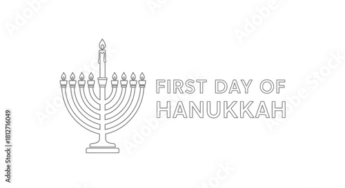 A detailed line drawing depicts a menorah with one lit candle celebrating Hanukkah