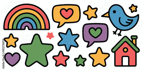 Colorful cartoon illustration with rainbow, hearts, stars, bird, house and speech bubbles on white