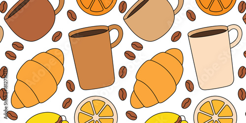 A seamless pattern featuring coffee mugs croissants orange slices and coffee beans on a white background
