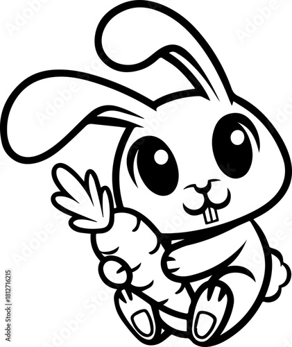 SVG vector illustration of a bunny holding a carrot.Cute Cartoon Bunny Holding a Carrot in Outline Style