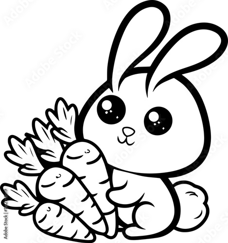 SVG vector illustration of a bunny holding a carrot.Cute Cartoon Bunny Holding a Carrot in Line Art Style