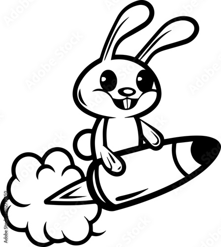 SVG vector illustration of a bunny holding a carrot.Cartoon Bunny Riding Rocket with Exciting Expression