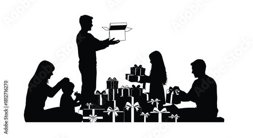 A family gathers around a pile of gifts sharing joy and opening presents together
