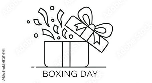 An open gift box with confetti and a ribbon labeled boxing day below it