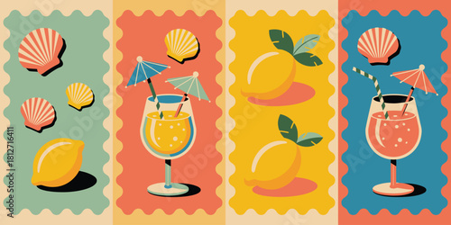 A colorful retro illustration featuring lemons, shells, and drinks with cocktail umbrellas on panels