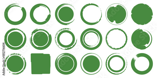 A collection of green circular and square shapes with brush stroke effects arranged on a white background