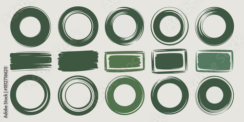 A collection of green brush stroke circles and rectangles on a white background in a simple arrangement