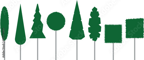 Collection of green topiary tree silhouettes in various geometric shapes and sizes
