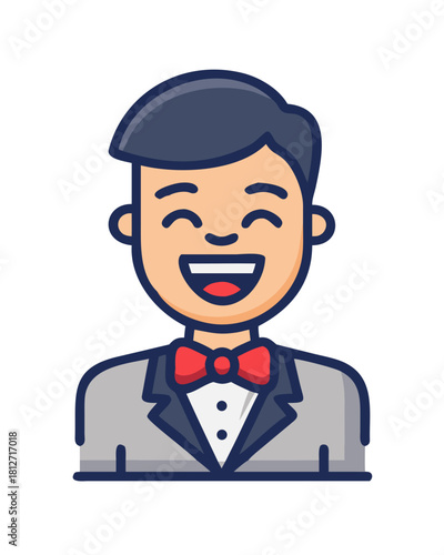 Smiling cartoon man in tuxedo with red bow tie