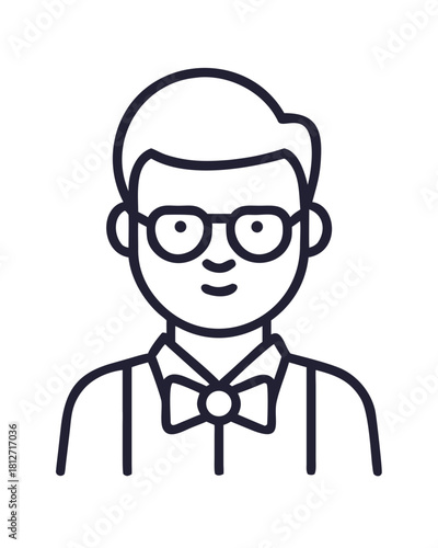 Outline avatar of man in glasses and bow tie on white background